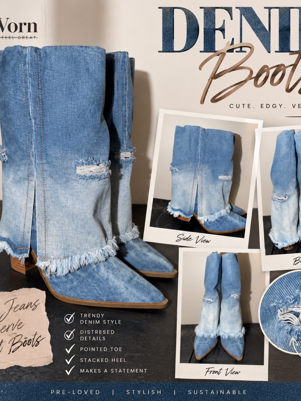 Denim Distressed Knee-High Heeled Boots - Light Blue